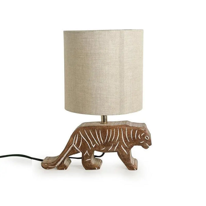 'Tiger Panthera'' Handcarved Table Lamp In Mango Wood - Ouch Cart