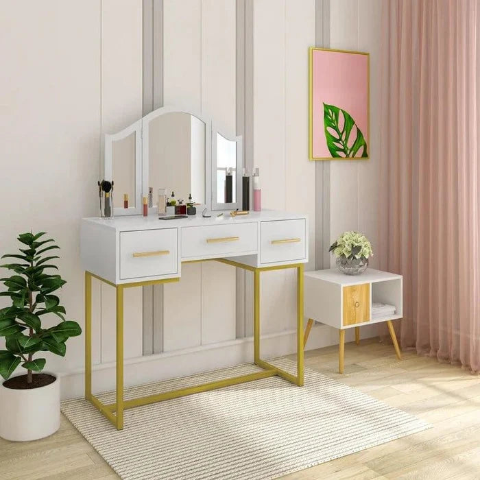 Vanity Desk, Makeup Vanity Desk with Mirror, Makeup Table and 3 Drawers, White - Ouch Cart