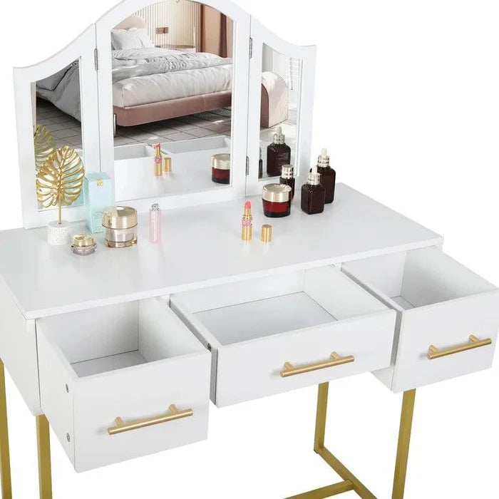Vanity Desk, Makeup Vanity Desk with Mirror, Makeup Table and 3 Drawers, White - Ouch Cart