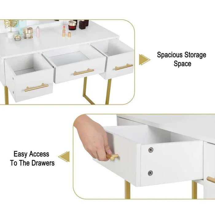 Vanity Desk, Makeup Vanity Desk with Mirror, Makeup Table and 3 Drawers, White - Ouch Cart