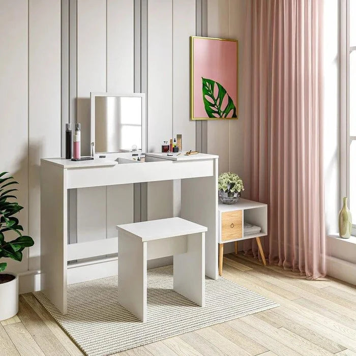 Vanity Set and Stool, HD Mirror Makeup Table with Drawers, Modern Vanity Table for Girls - Ouch Cart