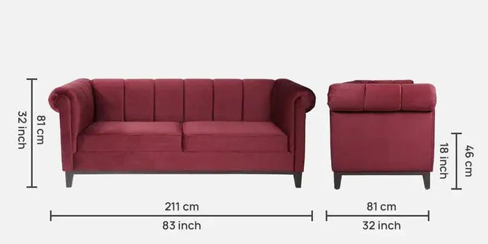 Velvet 3 Seater Sofa In Berry Red Colour - Ouch Cart