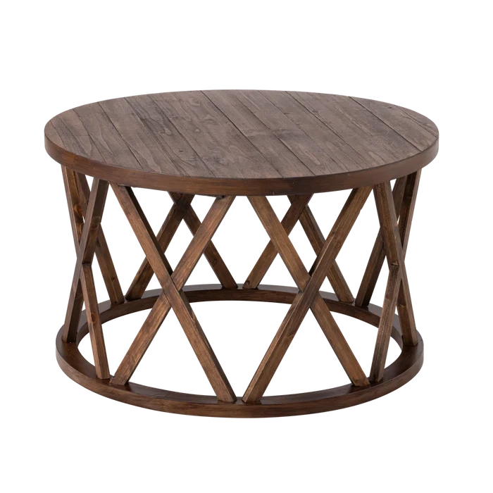 Viradis Farmhouse Coffee Table, Rustic Round Coffee Table with X-Motifs Legs, Wood Textured Top