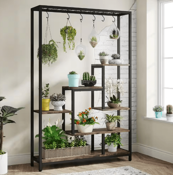 Seller Wellston 70.86 in. Brown 5-Tier Wooden Indoor Plant Stand, Tall Flower Rack with 10-Hook - Ouch Cart