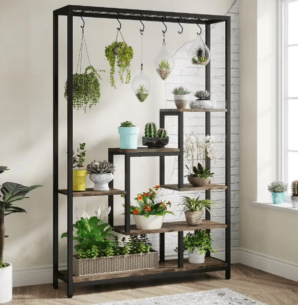 Seller Wellston 70.86 in. Brown 5-Tier Wooden Indoor Plant Stand, Tall Flower Rack with 10-Hook - Ouch Cart
