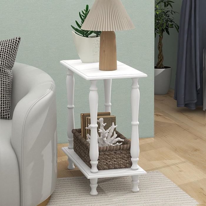 White 2-Tier Wooden Side Table – Vintage French Style for Living Room & Bedroom, Perfect for Small Spaces OUCH CART