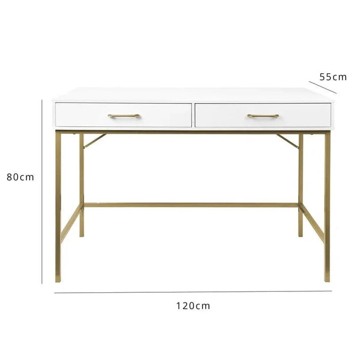 White Vanity Desk with Drawers, Computer Desk with Gold Leg, Makeup Dresssing Table for Bedroom, Home Office, Dressing Room, Study, Living Room, White and Gold - Ouch Cart