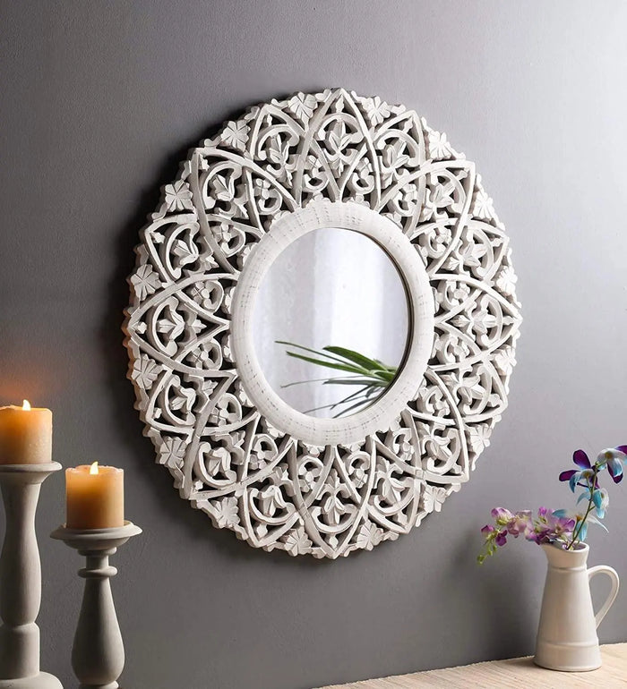 Wood Hand Crafted Round Distressed White Finished Vanity Wall Mount Mirror 27X27 Inches, Framed - Ouch Cart
