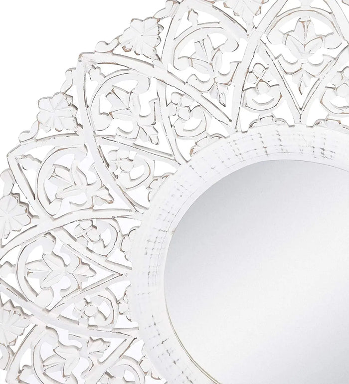 Wood Hand Crafted Round Distressed White Finished Vanity Wall Mount Mirror 27X27 Inches, Framed - Ouch Cart