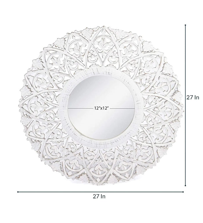 Wood Hand Crafted Round Distressed White Finished Vanity Wall Mount Mirror 27X27 Inches, Framed - Ouch Cart