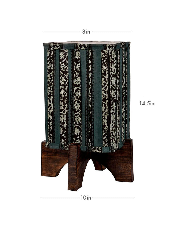 Wooden Brown Base Lamp with pleeted Green Blockprint Soft Shade - Ouch Cart