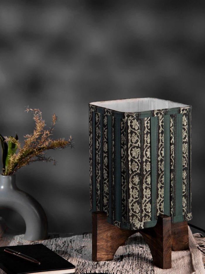 Wooden Brown Base Lamp with pleeted Green Blockprint Soft Shade - Ouch Cart