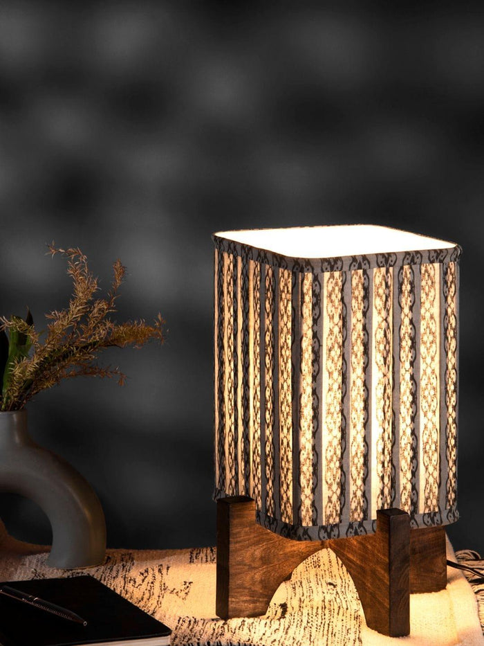 Wooden Brown Base Lamp with pleeted Grey Chainprint Soft Shade - Ouch Cart