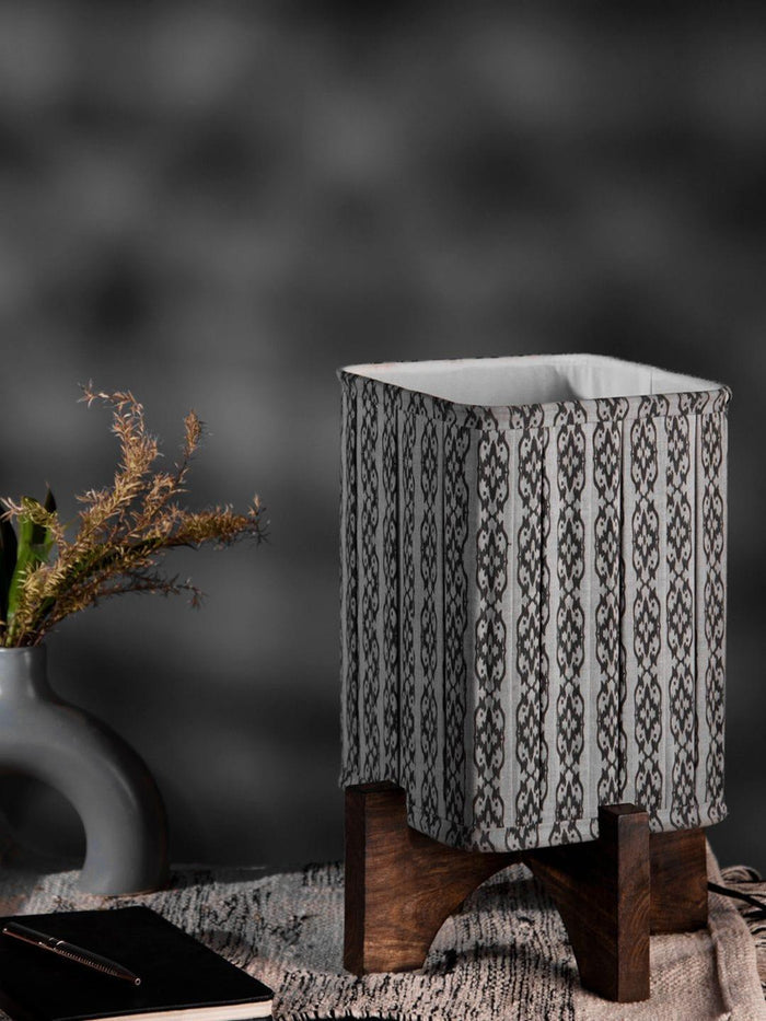 Wooden Brown Base Lamp with pleeted Grey Chainprint Soft Shade - Ouch Cart