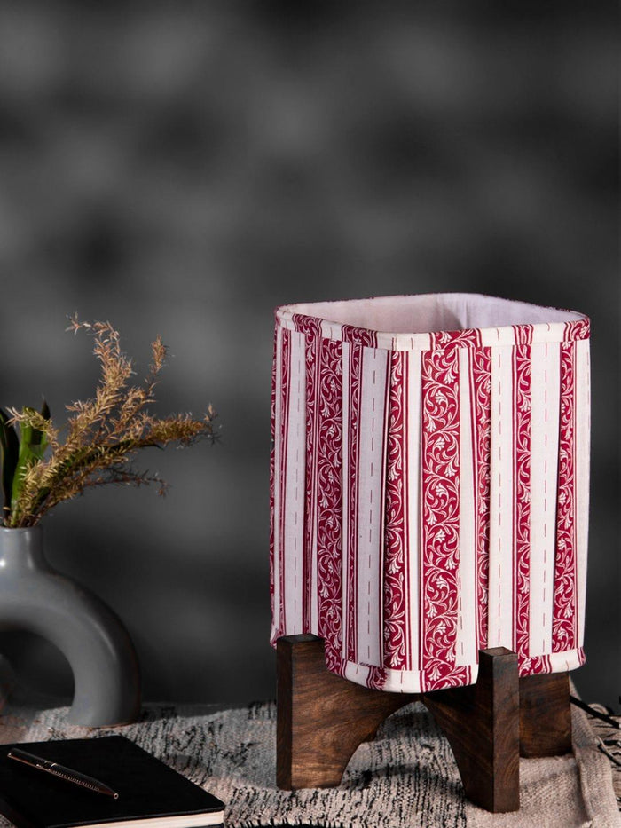 Wooden Brown Base Lamp with pleeted Red Leafyprint Soft Shade - Ouch Cart