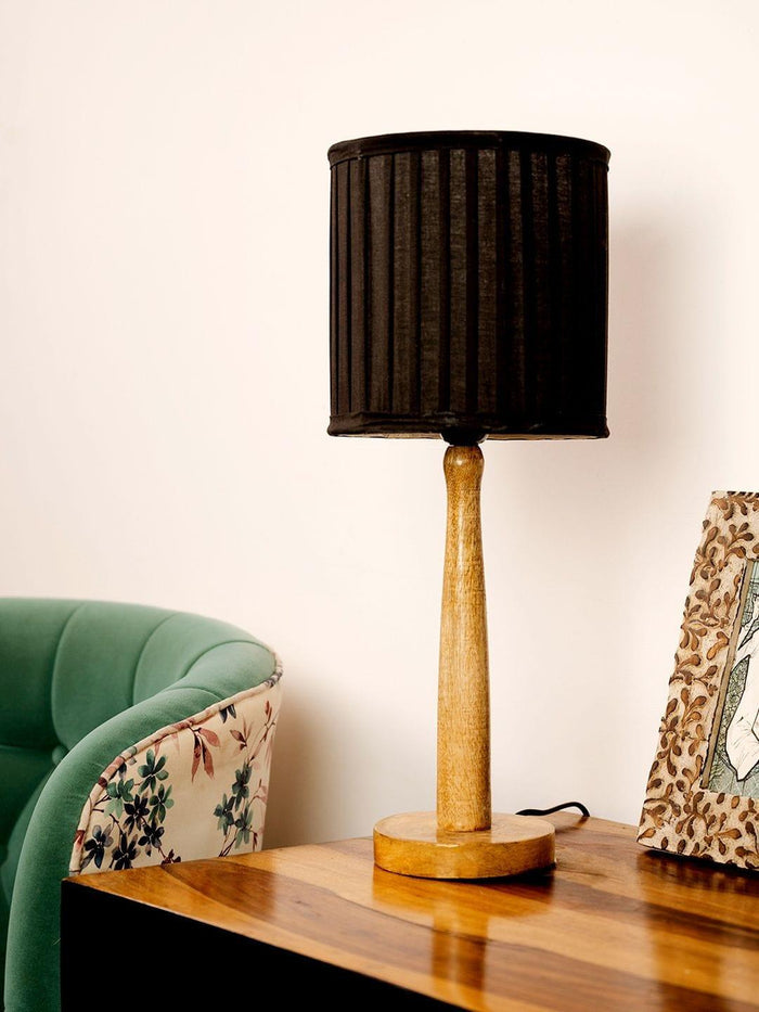 Wooden Brown Lamp with pleeted Balck Shade - Ouch Cart