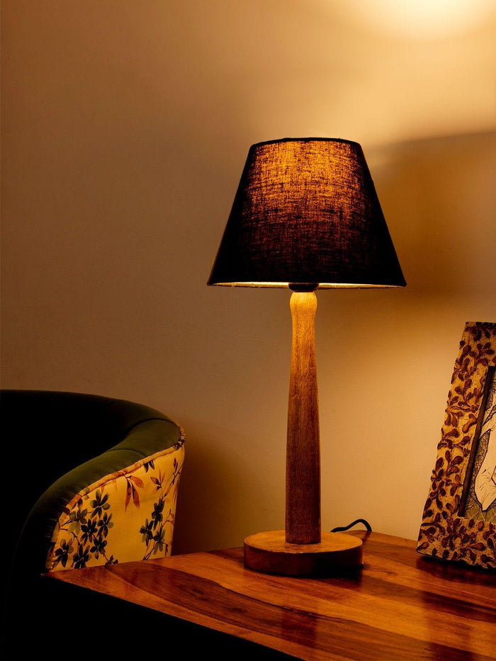 Wooden Brown Lamp with Taper Black Cotton Shade - Ouch Cart