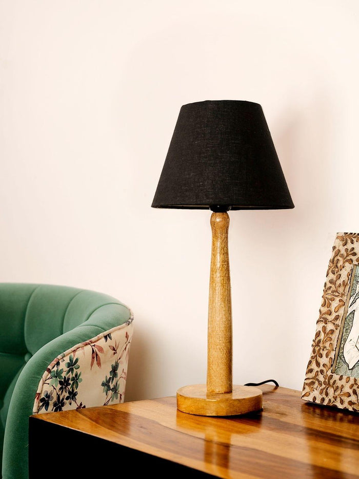 Wooden Brown Lamp with Taper Black Cotton Shade - Ouch Cart