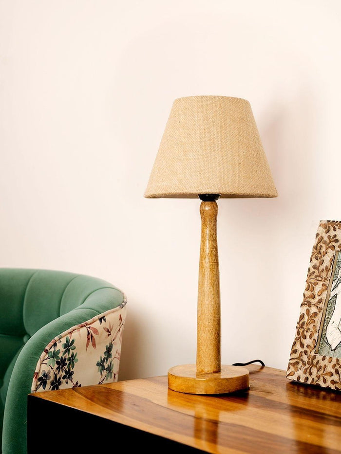 Wooden Brown Lamp with Taper Brown Jute Shade - Ouch Cart