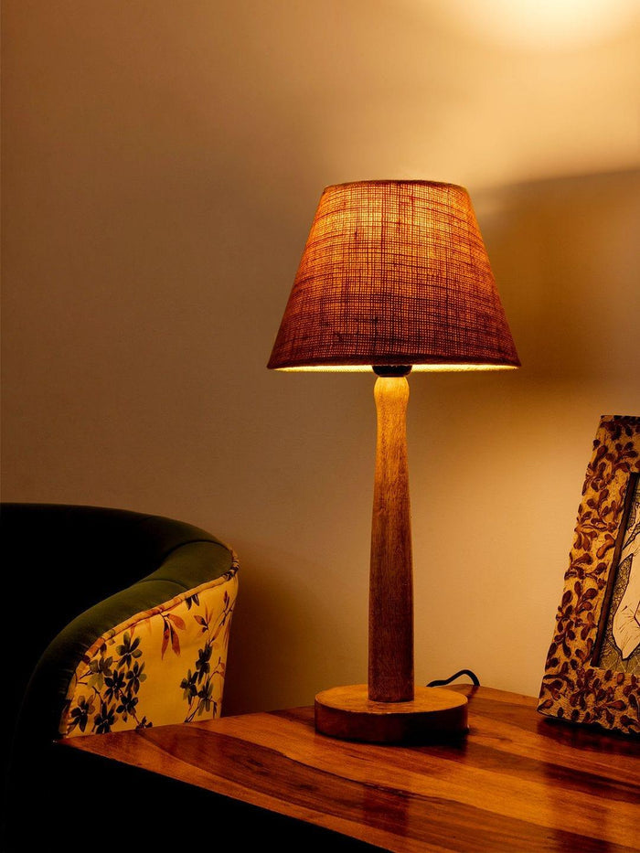 Wooden Brown Lamp with Taper Brown Jute Shade - Ouch Cart