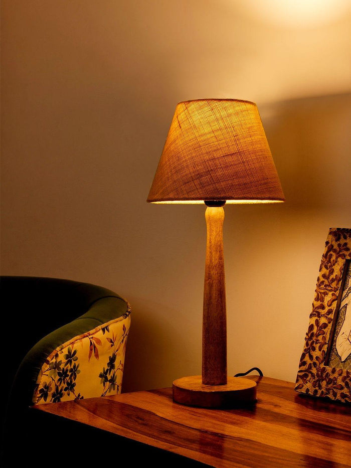 Wooden Brown Lamp with Taper White Jute Shade - Ouch Cart