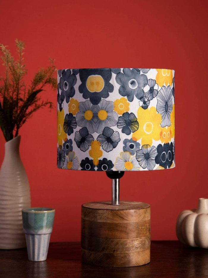 Wooden Brown Log Table Lamp with Lotus Floral Shade - Ouch Cart