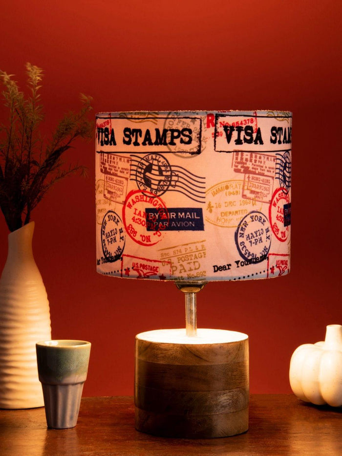 Wooden Brown Log Table Lamp with Multiple Stamps Shade - Ouch Cart