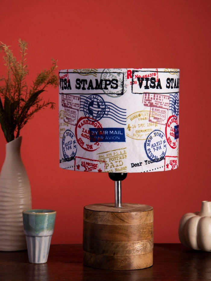 Wooden Brown Log Table Lamp with Multiple Stamps Shade - Ouch Cart