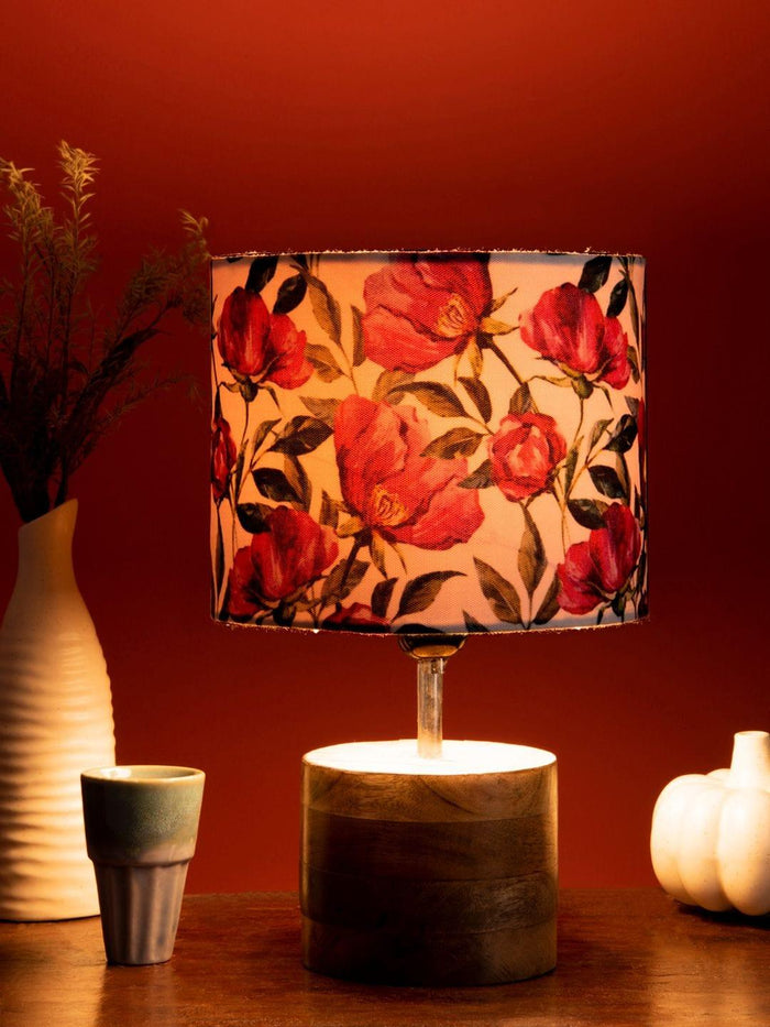 Wooden Brown Log Table Lamp with Pink Rose Shade - Ouch Cart