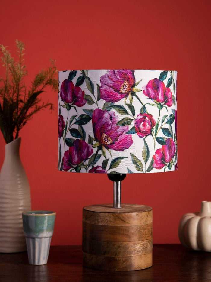 Wooden Brown Log Table Lamp with Pink Rose Shade - Ouch Cart