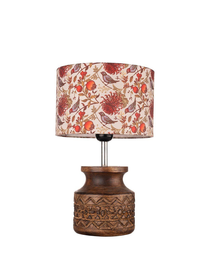 Wooden Carved Lamp with Birdy Multicolor Shade - Ouch Cart