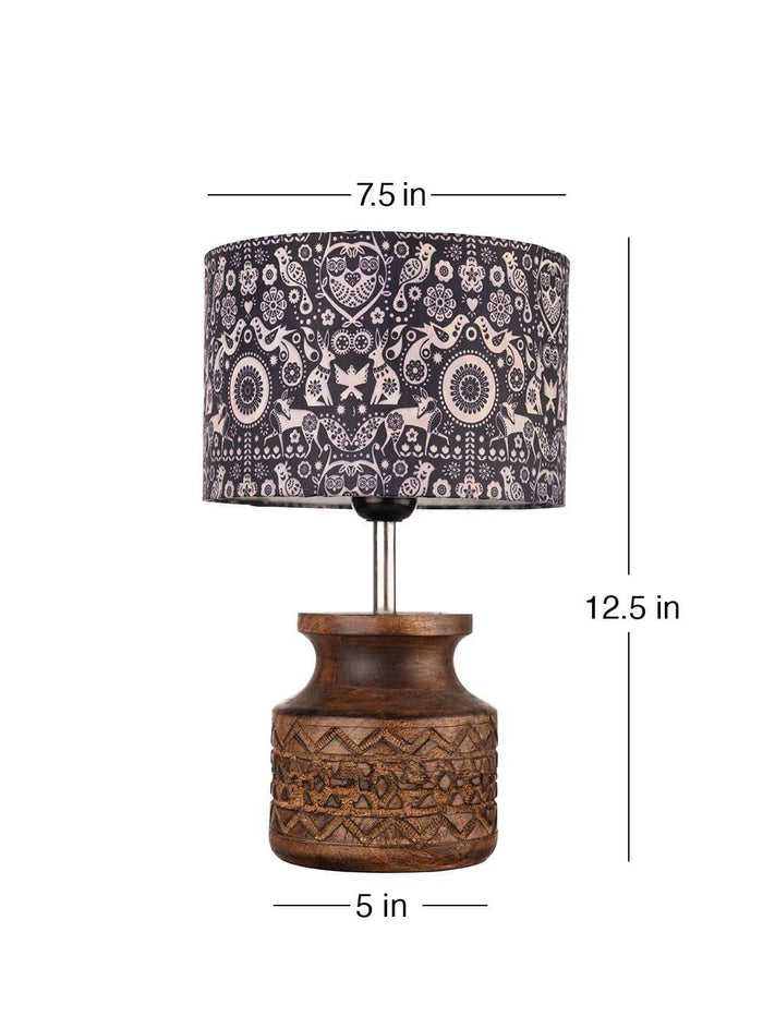 Wooden Carved Lamp with Indian Art Multicolor Shade - Ouch Cart