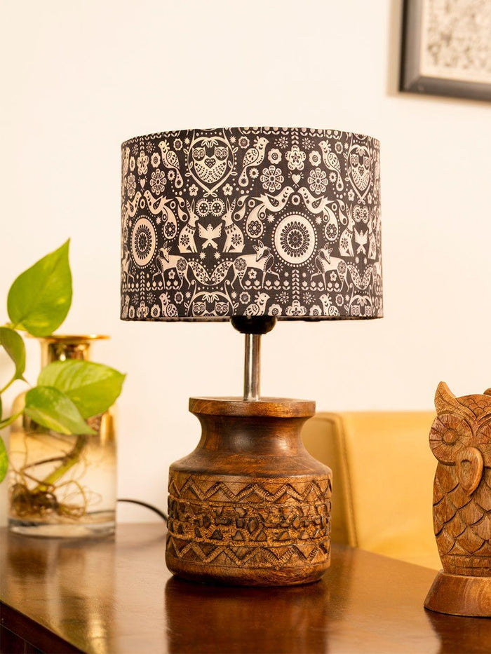 Wooden Carved Lamp with Indian Art Multicolor Shade - Ouch Cart