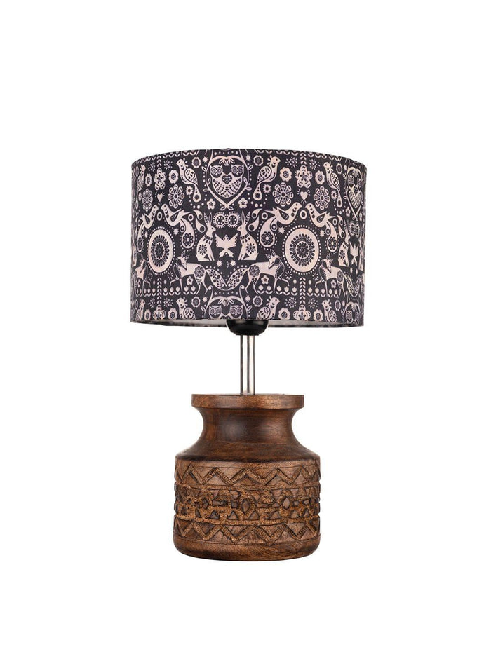 Wooden Carved Lamp with Indian Art Multicolor Shade - Ouch Cart