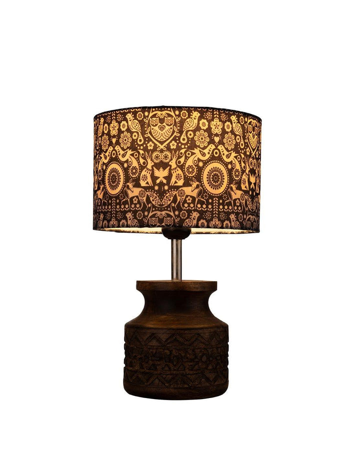 Wooden Carved Lamp with Indian Art Multicolor Shade - Ouch Cart