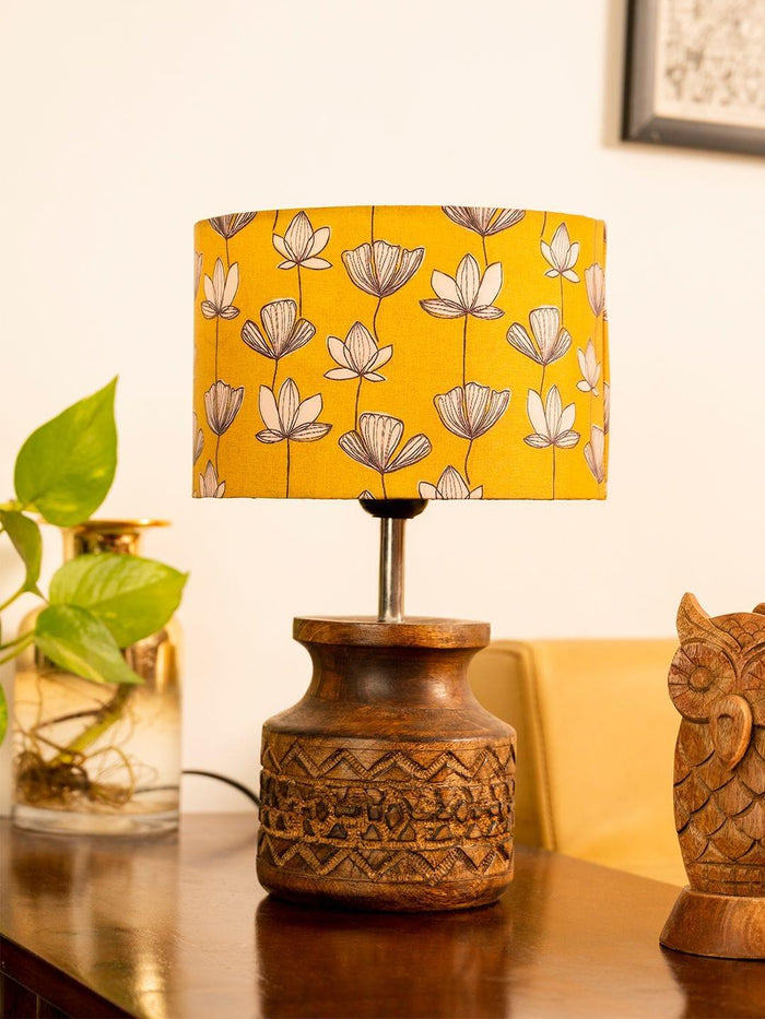 Wooden Carved Lamp with Mustard Flora Multicolor Shade - Ouch Cart