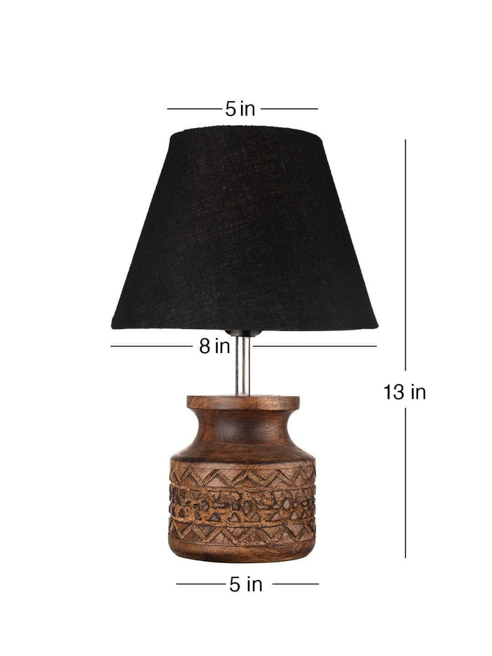 Wooden Carved Lamp with Taper Cotton Black Shade - Ouch Cart