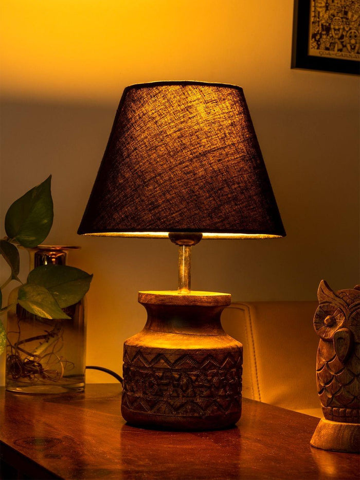 Wooden Carved Lamp with Taper Cotton Black Shade - Ouch Cart