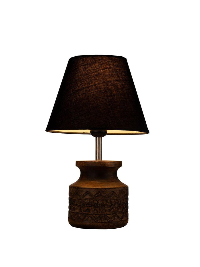 Wooden Carved Lamp with Taper Cotton Black Shade - Ouch Cart