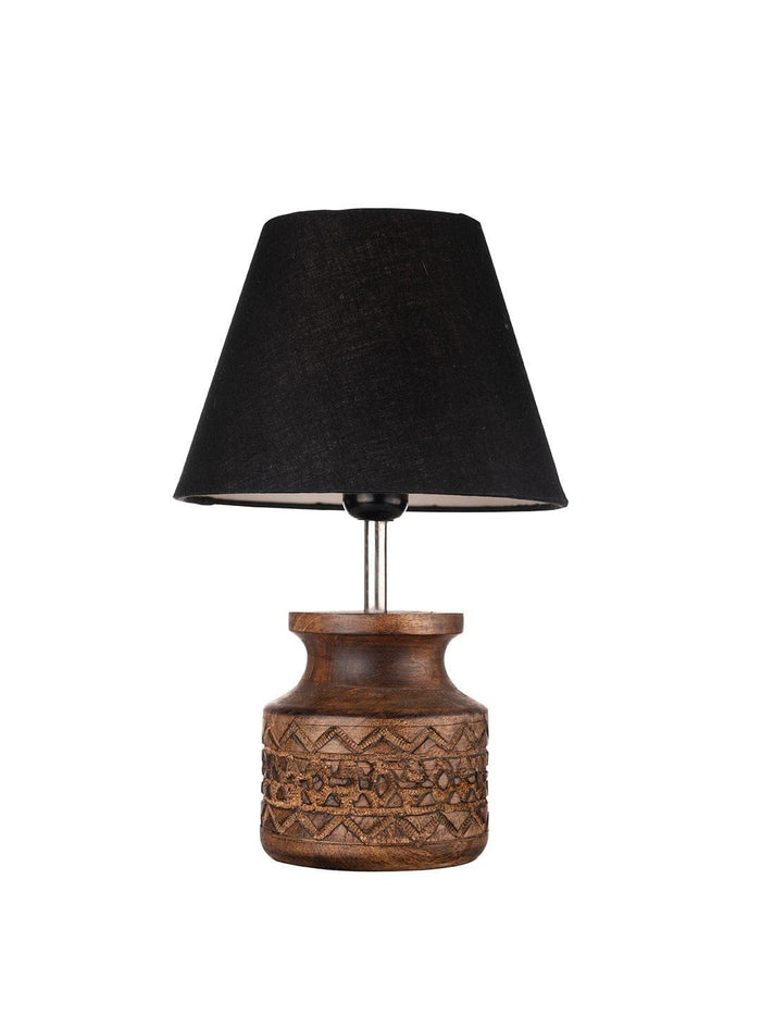 Wooden Carved Lamp with Taper Cotton Black Shade - Ouch Cart