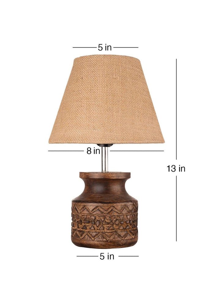 Wooden Carved Lamp with Taper Jute Brown Shade - Ouch Cart