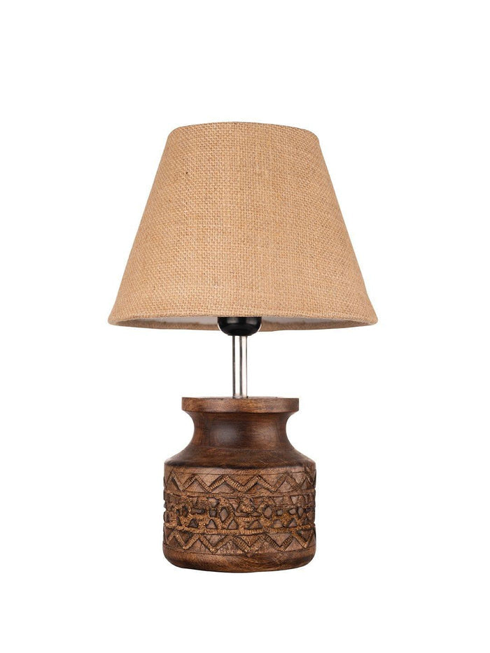 Wooden Carved Lamp with Taper Jute Brown Shade - Ouch Cart