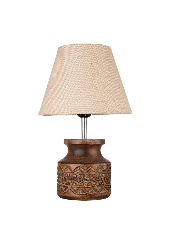 Wooden Carved Lamp with Taper Jute White Shade - Ouch Cart