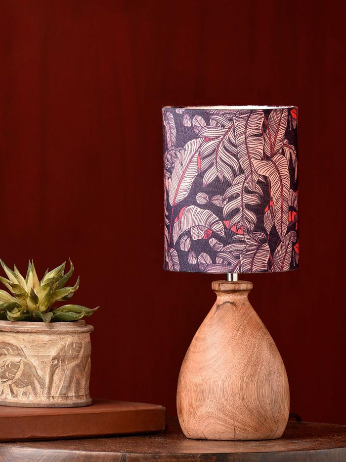 Wooden Dome Table Lamp Blue Leaves Shade - Ouch Cart