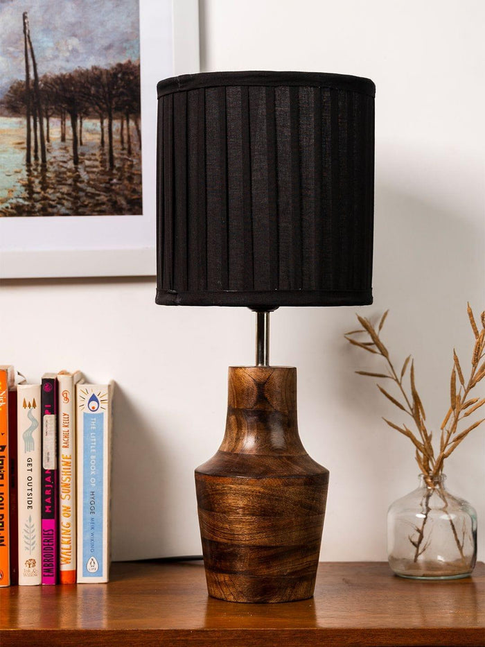 Wooden Firkin Lamp with Pleeted Cotton Black Shade - Ouch Cart