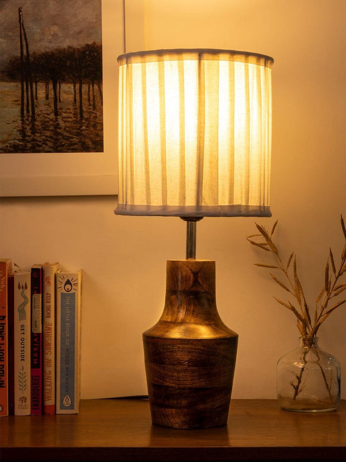 Wooden Firkin Lamp with Pleeted Cotton White Shade - Ouch Cart