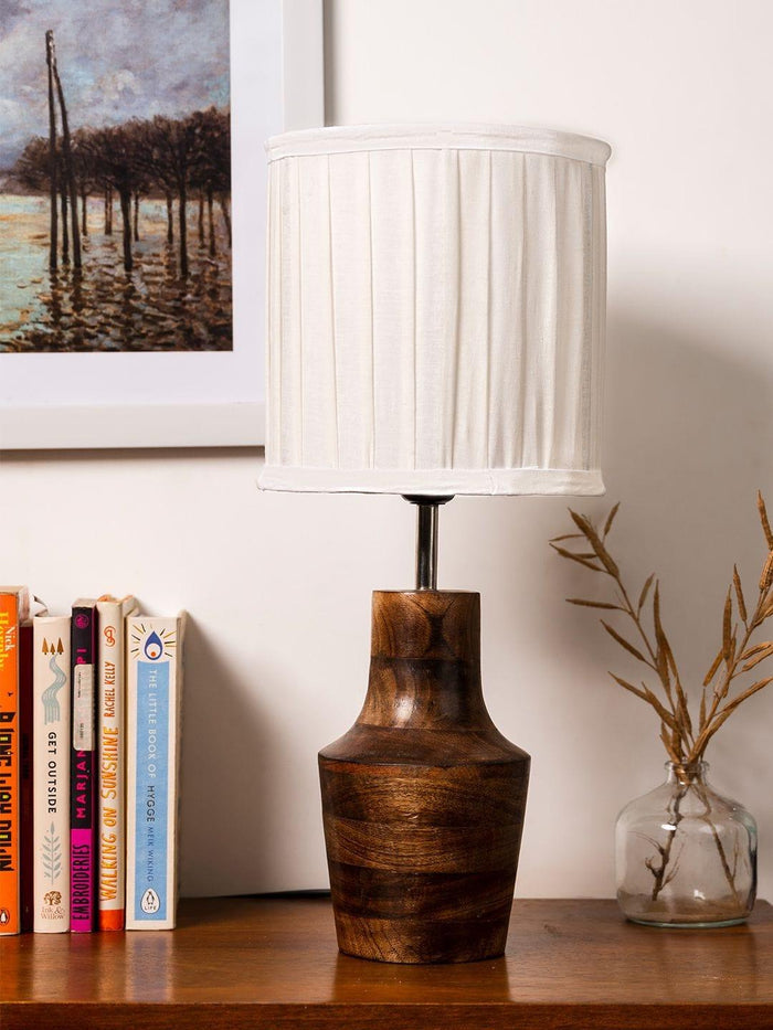 Wooden Firkin Lamp with Pleeted Cotton White Shade - Ouch Cart