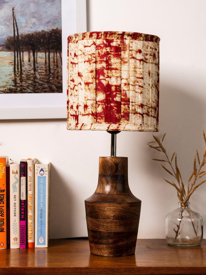 Wooden Firkin Lamp with Pleeted Multicolor Maroon Shade - Ouch Cart