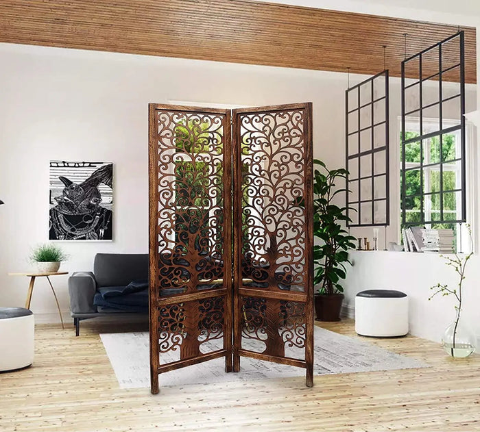 wooden Handcrafted 2 Panel Brown Wooden Room Partition/Divider - Ouch Cart