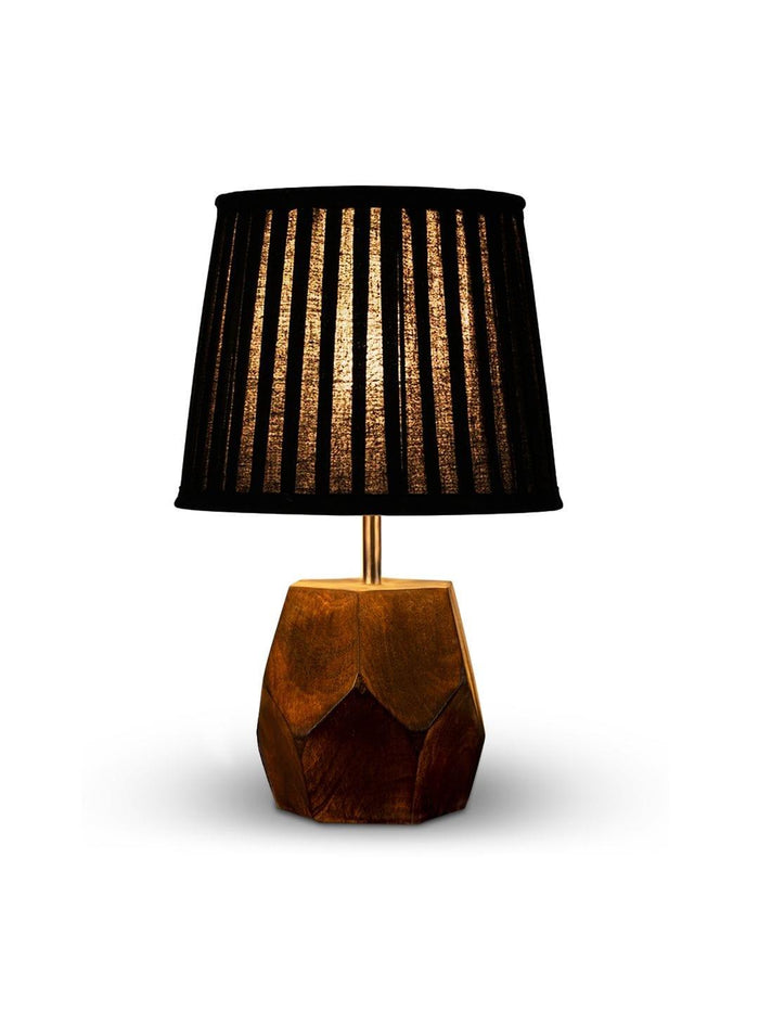Wooden Hexa Lamp with Pleeted Cotton Black Shade - Ouch Cart